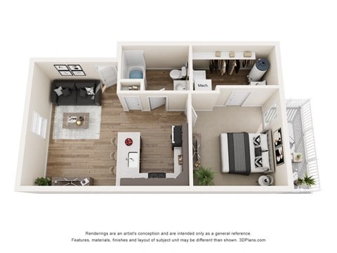 Floor plan for 1 bed, 1 bath, 680 sqft